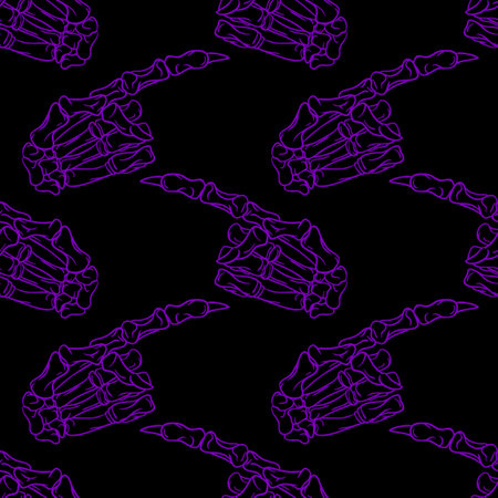 Skeleton hand vector Halloween seamless pattern. Design background for party poster. Hand drawn cartoon illustration in black and purple.のイラスト素材