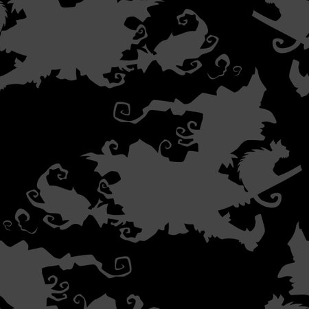 Witch on a broomstick vector Halloween seamless pattern. Design background for party poster. Hand drawn cartoon illustration in black and dark grey.のイラスト素材
