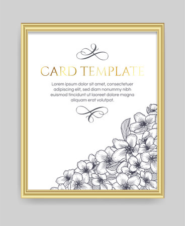 Vector botanical floral wedding invitation elegant card monochrome template. Apple flowers and golden frame. Romantic design for greeting card, natural cosmetics, women products.のイラスト素材