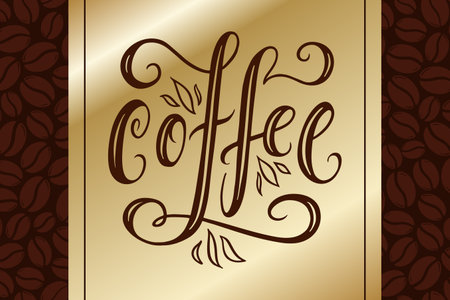 Coffee hand drawn typography poster for your design. Modern lettering vector illustration over golden plateのイラスト素材