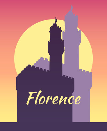 Vector drawing of Palazzo Vecchio in Florence, Italy. Architecture tourism landmark, travel destination. Hand drawn evening sun silhouette illustrationのイラスト素材