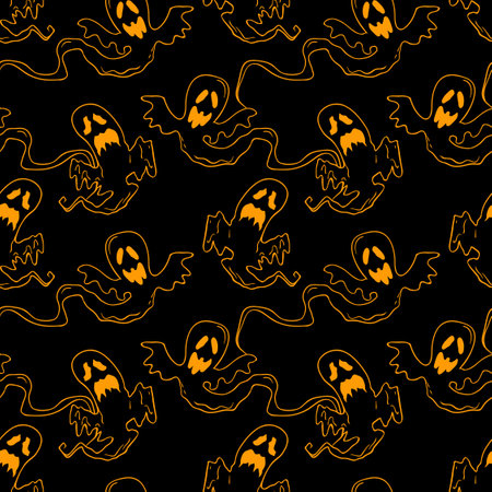 Flying ghosts vector Halloween seamless pattern. Design background for party poster. Hand drawn cartoon illustration in black and orange.のイラスト素材
