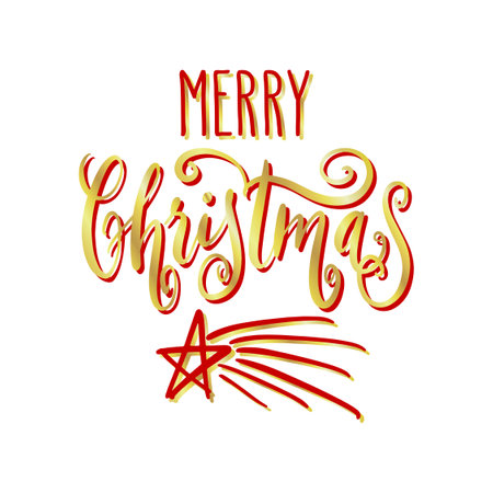 Handwritten Christmas greetings, modern festive calligraphy lettering in golden and red over white. Holiday season design element vector illustration.のイラスト素材