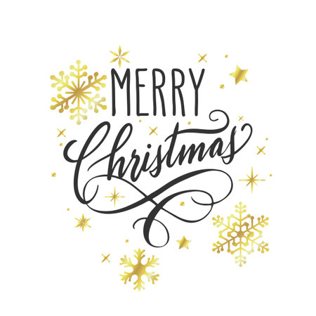 Handwritten Christmas greetings, modern festive calligraphy lettering in black over white with golden snowflakes. Holiday season card vector illustration.のイラスト素材