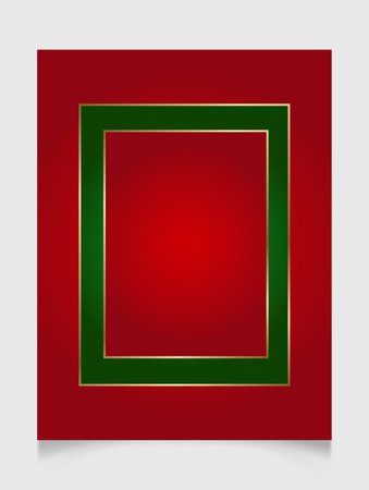Geometric Christmas rectangle frame in festive gold, red and green colors. Golden shiny glowing blank border. Winter holidays vibrant background with copy space.のイラスト素材