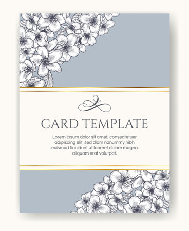 Vector botanical floral wedding invitation elegant card monochrome template. Apple flowers and golden frame. Romantic design for greeting card, natural cosmetics, women products.のイラスト素材
