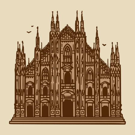 Line art vector drawing of the Milan Cathedral, Italy. Architecture tourism landmark, travel destination. Hand drawn vintage brown illustrationのイラスト素材