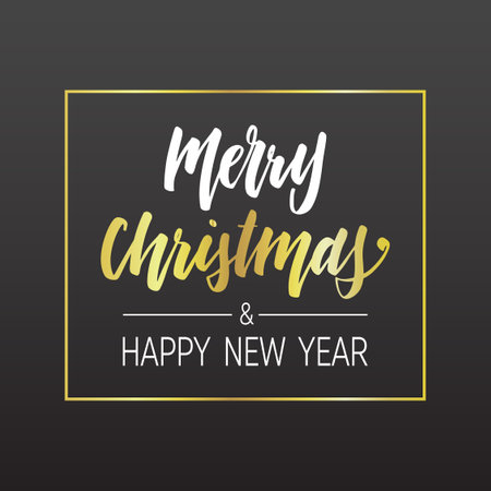 Handwritten Christmas and New Year greetings, modern festive calligraphy lettering in golden and white over black. Holiday season design element vector illustration.のイラスト素材
