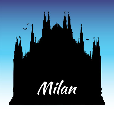 Vector drawing of the Milan Cathedral, Italy. Architecture tourism landmark, travel destination. Hand drawn silhouette illustration against blue skyのイラスト素材
