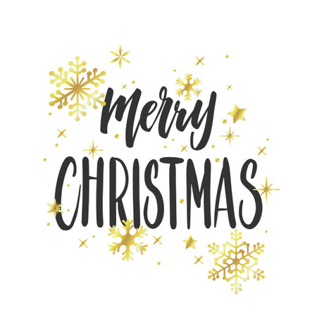 Handwritten Christmas greetings, modern festive calligraphy lettering in black over white with golden snowflakes. Holiday season card vector illustration.のイラスト素材