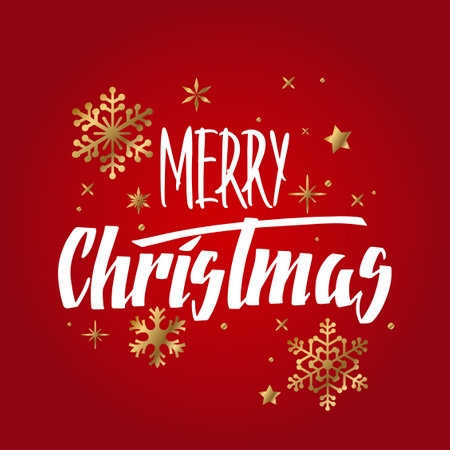 Handwritten Christmas greetings, modern festive calligraphy lettering in white over red with golden snowflakes. Holiday season design element vector illustration.のイラスト素材