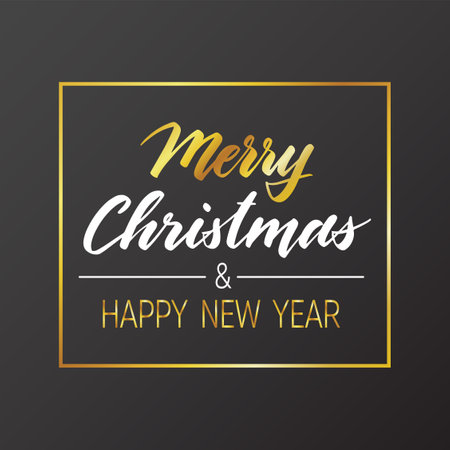 Handwritten Christmas and New Year greetings, modern festive calligraphy lettering in golden and white over black. Holiday season design element vector illustration.のイラスト素材