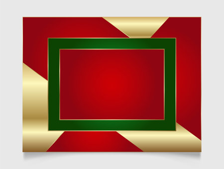 Geometric Christmas frame in festive gold, red and green colors. Golden shiny glowing blank rectangle border. Winter holidays vibrant background with copy space.のイラスト素材
