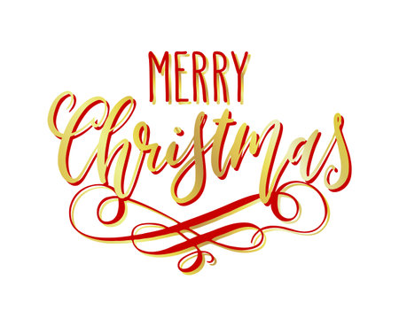 Handwritten Christmas greetings, modern festive calligraphy lettering in golden and red over white. Holiday season design element vector illustration.のイラスト素材