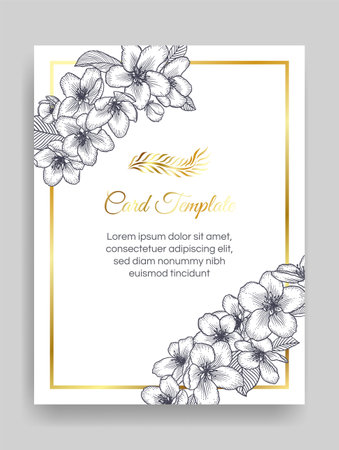 Vector botanical floral wedding invitation elegant card monochrome template. Apple flowers and golden frame. Romantic design for greeting card, natural cosmetics, women products.のイラスト素材