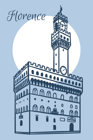 Line art vector drawing of Palazzo Vecchio in Florence, Italy. Architecture tourism landmark, travel destination. Hand drawn illustrationのイラスト素材