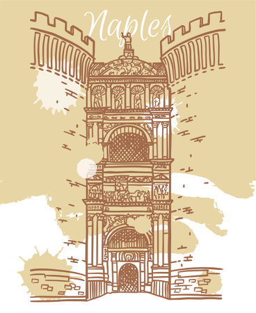 Line art vector drawing of Castel Nuovo gate in Naples, Italy. Architecture tourism landmark, travel destination. Hand drawn illustration over loose brush strokesのイラスト素材