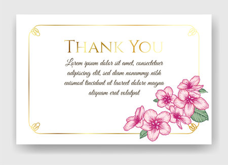 Vector botanical floral wedding invitation elegant card template. Pink apple flowers and golden frame. Romantic design for greeting card, natural cosmetics, women products.のイラスト素材