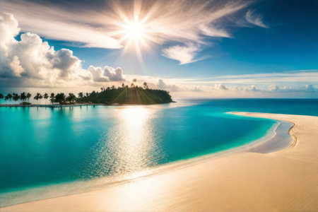 Tropical island beach. Palm trees destination landscape. Tranquil sea, vacation seascape, summer relax travel. Sunset sky.の素材