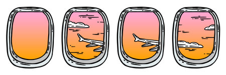 Hand-drawn vector illustrations set showing the view from an airplane cabin window, depicting a wing and sunset sky with and without clouds. Travel or aviation designのイラスト素材