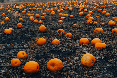 Pumpkin patch field. Halloween pumpkins on a farm. Organic vegetable farming in Autumn during Thanksgiving time. Harvest season in October.の写真素材