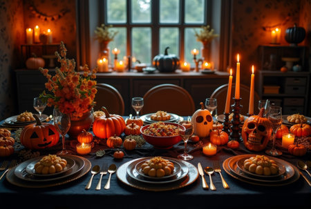 Fancy Halloween dinner dark set up. The table is decorated with burning candles, pumpkins, skulls.の素材