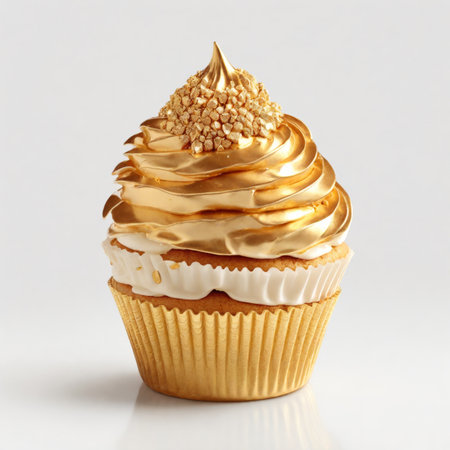 Exquisite cupcake with shimmering gold frosting isolated over white, sophistication and indulgence. Luxury-themed confections, celebrations, and upscale dessert presentations.の素材