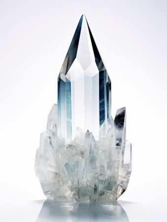 A clear quartz crystal cluster with a hexagonal prism standing on a light surface. Natural stone beauty isolated over white.の素材