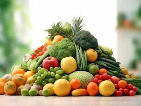 A colorful pile arrangement of fresh fruits and vegetables. Healthy eating, dieting, freshness, and natural ingredients.の素材