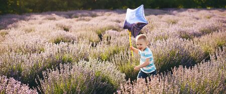 Happy small boy running through a lavender field with a star balloonの写真素材