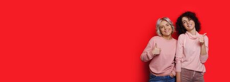Caucasian girls dressed in the same clothes are posing on a red wall with freespace gesturing the...