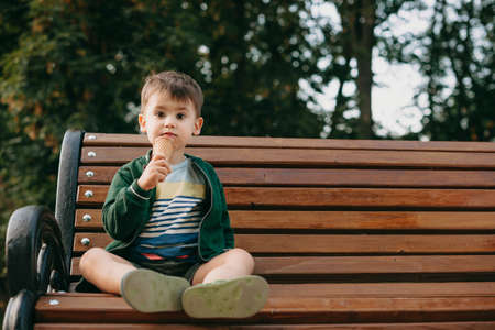 Small boy is eating an ice cream while sitting on the bench in the parkの写真素材