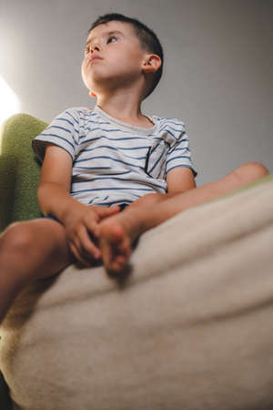 Portrait of an adorable caucasian boy sitting on the sofa at home, looking away attentively. Educational leisure pastime hobby activity. Look at TV screen.の写真素材