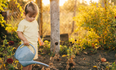 Baby girl taking care of garden plants watering flowers from a watering can in the garden. Free space for text. Copy space. Child little helper learns gardening outdoor. Childhood conceptの写真素材