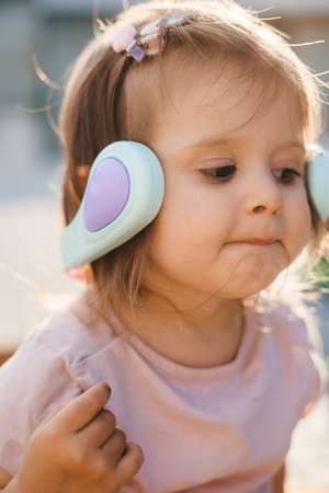 Close-up portrait of an adorable little girl standing outside and playing. Family, childhood, active...
