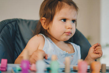 Baby frowning because he didnt manage to place the wooden figurines correctly. Funny serious cute...