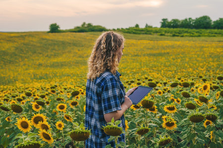 Back view of farmer woman agronomist checking the sunflower field with tablet. Inteligent agriculture and digital agriculture. Agricultural worker. Farmer field.の写真素材