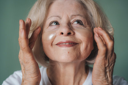 Close-up portrait of a retired woman doing cosmetics procedures with eye patches under eyes isolated...
