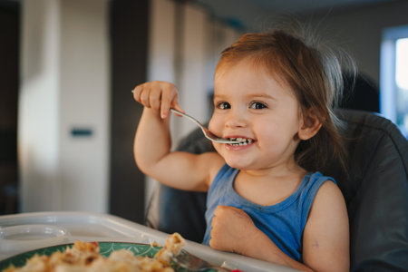 Baby sitting in high-chair with spoon and plate on kitchen. Eating food by herself and making mess. Healthy eating. Happy family. Sweet food.の写真素材