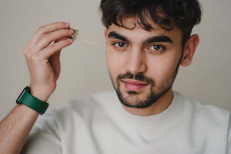Handsome man applying moisturizing serum on face, isolated over grey studio background. Therapy...