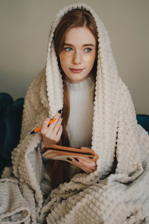 Indoor portrait of a young woman with blue eyes sitting on sofa covered with a blanket drawing in sketchbook. Creative process. Thinking process.の写真素材