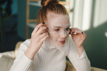 Beautiful young caucasian ginger woman applying paper sheet mask on her face isolated at home. Beauty skin care concept. Cosmetology.の写真素材