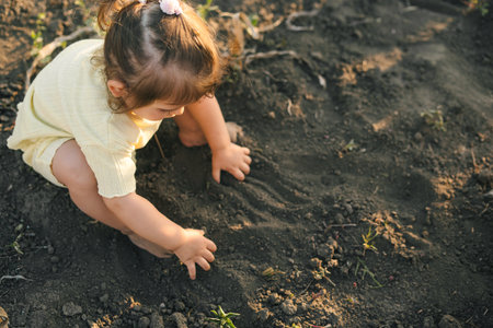 Portrait of a little baby girl pressing the soil with her hands. Summer vacation fun. Agriculture concept. Happiness concept.の写真素材