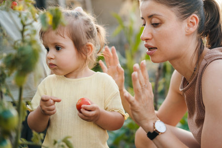 Happy young mother reaping fresh produce with her children. Self-sustainable family gathering fresh vegetables in a garden.の写真素材