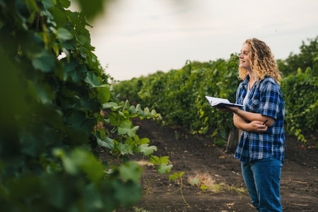 Farmer with notebbok checking the green grapes before harvesting. Smart farming and digital agriculture. Quality control.の写真素材