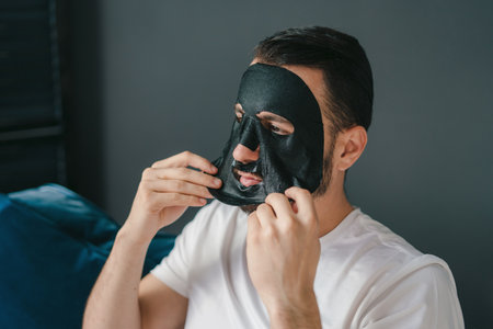 Cheerful bearded young man applying skincare facial mask for anti wrinkle. Moisturizer facial sheet mask for men. Health care. People lifestyle portrait. Skin care. Facial treatment. Beauty portrait.の写真素材