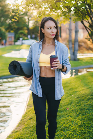 Beautiful Caucasian woman with brunette hair drinking a cup of coffee and smiling while looking away, walking through a park with yoga mat in her hands. Relax concept. People lifestyle concept. Fitness woman. Health concept. Green nature.の写真素材