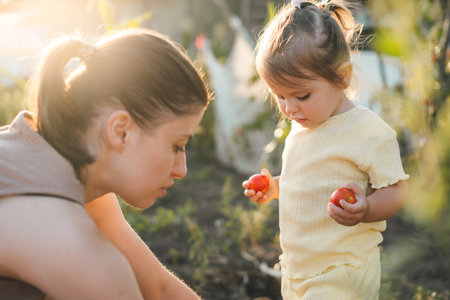 Little cute serious curious baby girl walking and helping her mopther in a big tomato greenhouse, agriculture, village, planting. Happy lifestyle. Nature summer. Happy family.の写真素材