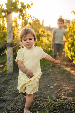 Little girl run vines field enjoying playing with his brother. Playing child. Green nature. Healthy activity.の写真素材