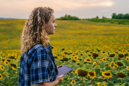 Woman worker with a tablet in her hands looking towards the windmills while standing next to a sunflower field. Farmer field. Organic oil. Flower power.の写真素材